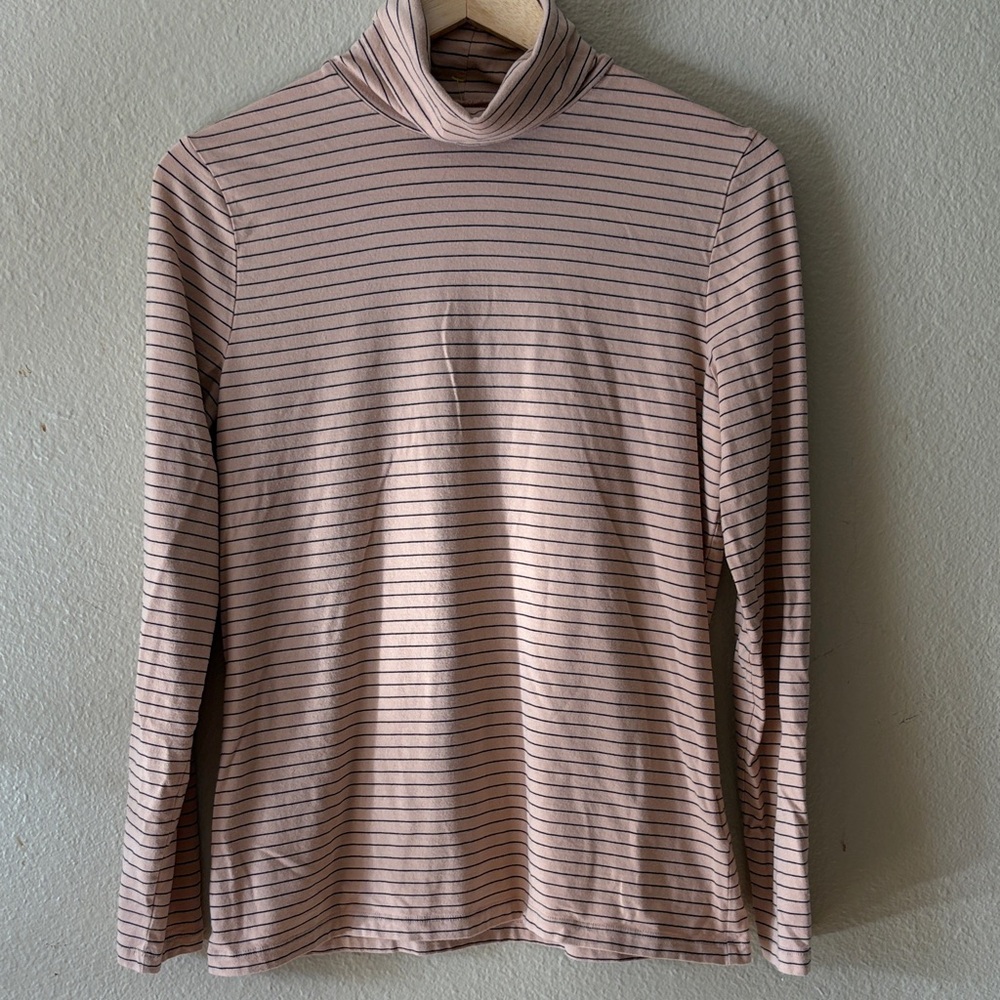 Lands End Striped Turtleneck Top Camel Tan Black Long Sleeve Soft M